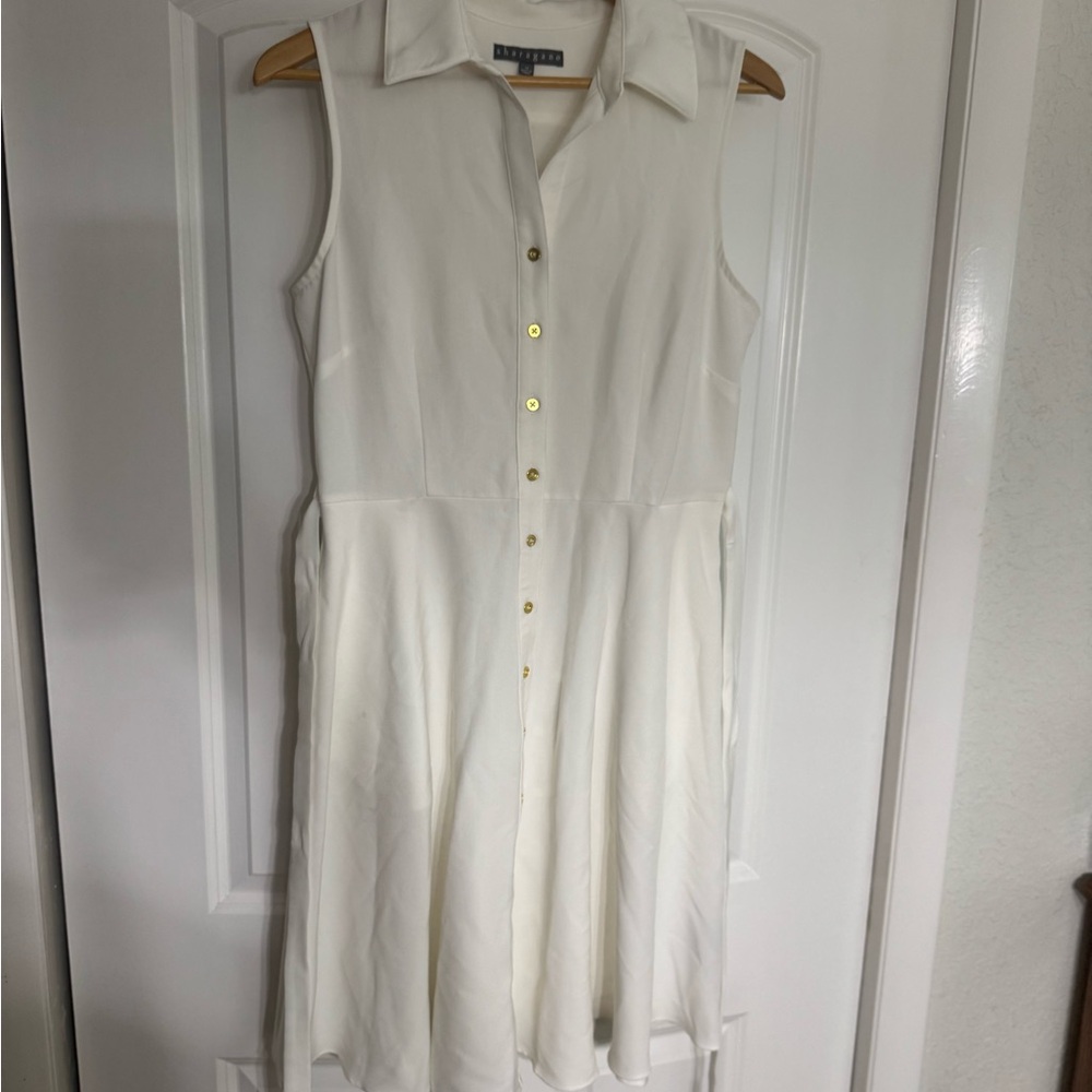 Sharagano White Sleeveless Sundress with Notched Collar